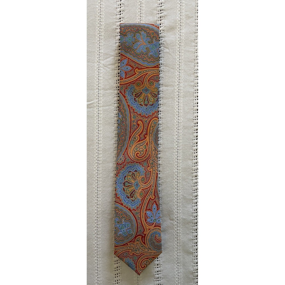 Countess Mara 100% Silk Paisley Colorful Necktie. Designer. Orange, Blue, Teal.